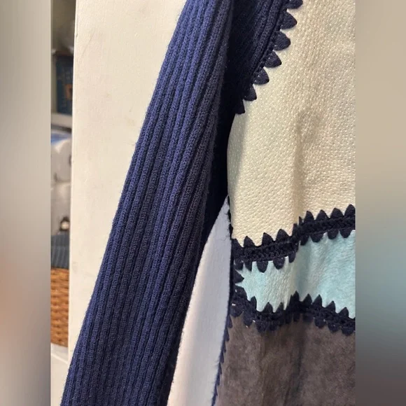 Airport Vintage Blue Patchwork Suede Hooded Women's Jacket Sweater Size L - Picture 3 of 8